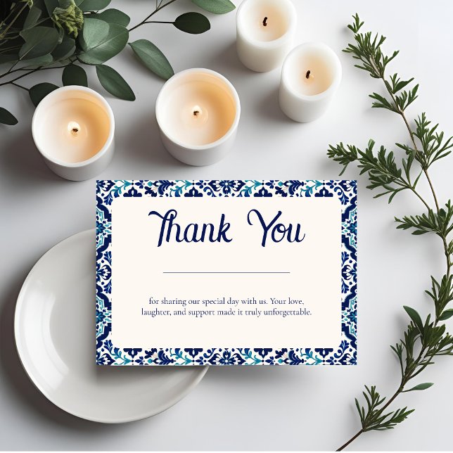 Custom Blue Mediterranean Tile Wedding Thank You  Card (Creator Uploaded)