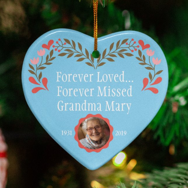 Custom Blue Memorial Christmas Ornament with Photo (Heart-shaped blue memorial Christmas ornament hanging on a Christmas tree)