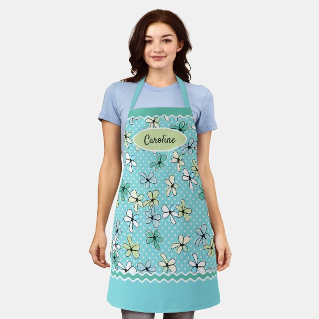 Custom Blue Mint Green Floral White Polkadots Apron (Worn)