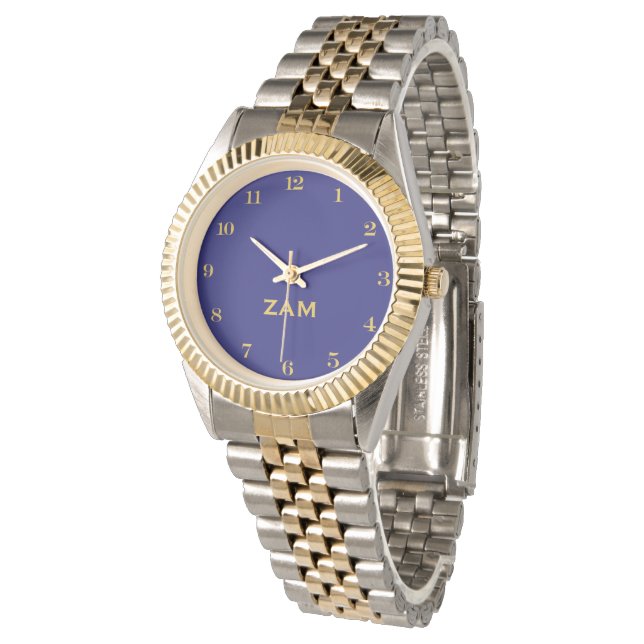 Custom Blue Monogrammed Gold Silver Tone Bracelet Watch (Angled)