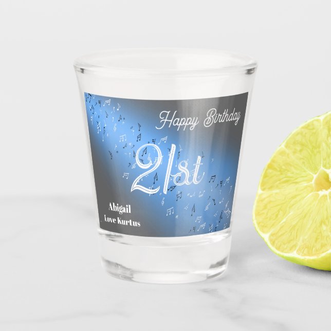 Custom Blue Moon Musical Notes 21st Shot Glass  (Front)