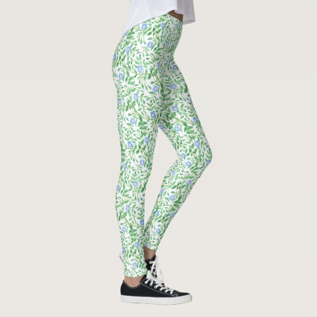 Custom Blue Morning Glory Floral on White Leggings (Right)