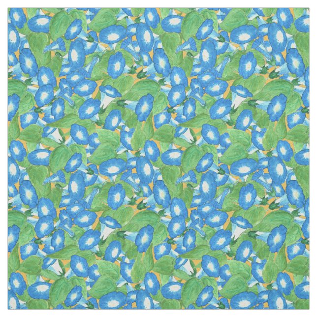 Custom Blue Morning Glory Pattern on Golden Yellow Fabric (Swatch)