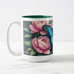 Custom Blue Morpho Butterfly Floral Monogram Two-Tone Coffee Mug