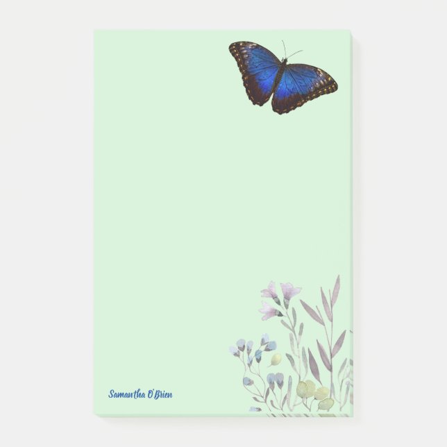 Custom Blue Morpho Butterfly Wildflowers Lt Green Post-it Notes (Front)