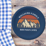 Custom Blue Mountain Sunset Family Reunion Party Paper Plate<br><div class="desc">This cool retro sunset over rocky mountains in nature makes a great image for paper plates for a family reunion party,  or camping trip. Just add your own last name and the year with our personalisation tool on the blue design.</div>