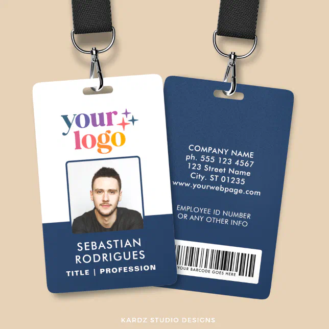 Custom Blue Name Logo Photo Barcode Employee Badge ID Badge | Zazzle