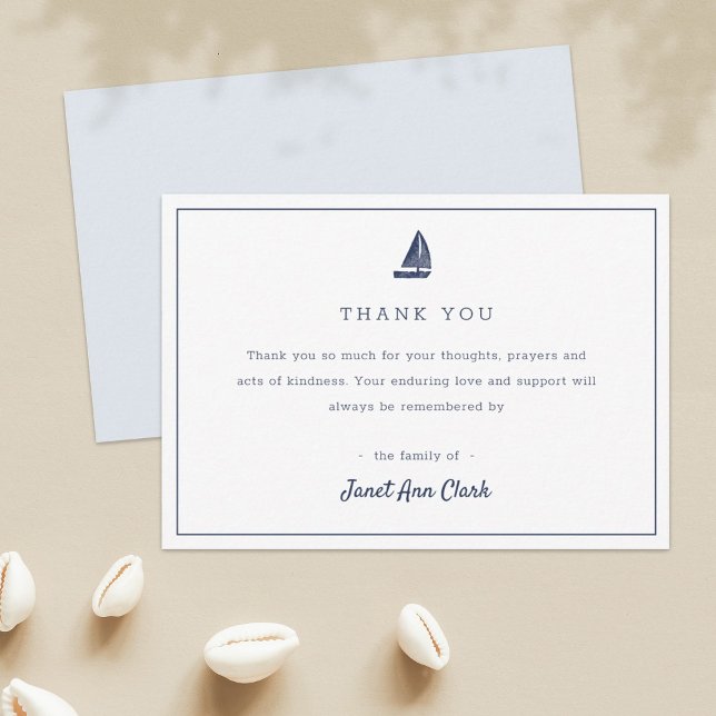 Custom Blue Nautical Sailboat Funeral Sympathy Thank You Card (Creator Uploaded)