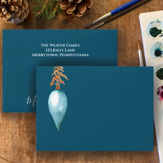 Custom Blue Original Watercolor Christmas Bauble Envelope (Customize these one of a kind envelopes with my hand painted watercolor blue Christmas ornament.
)
