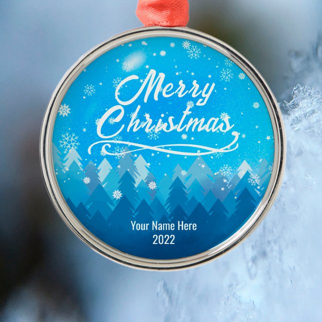 Custom Blue Peaceful Snow Forest Merry Christmas Metal Tree Decoration (Creator Uploaded)