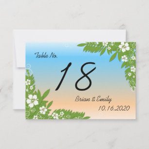 Custom blue peach hibiscus wedding table cards