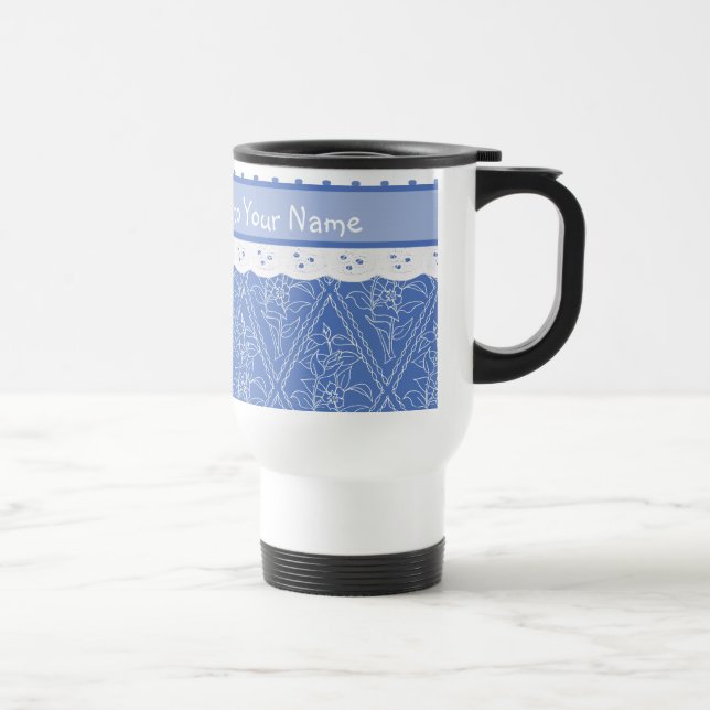 Custom Blue Periwinkles Polka Dots Faux Lace Travel Mug (Right)