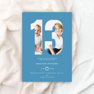 Custom Blue Photo Boys Number 13th Birthday Invitation
