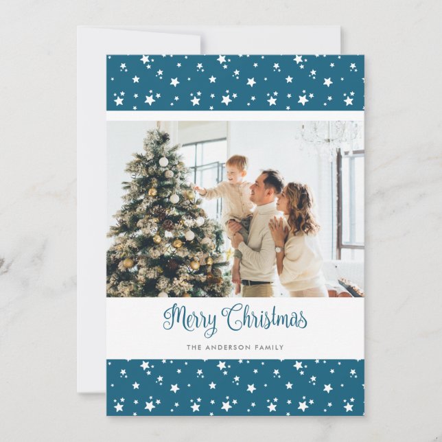 Custom Blue Photo Merry Christmas Cards (Front)