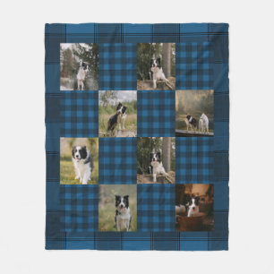 Custom Blue Plaid 8 Photo Collage Fleece Blanket