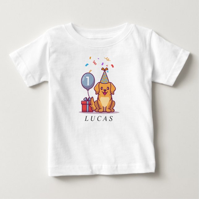 Custom blue puppy tee for 1st birthday boy (Front)