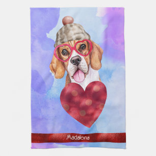 Custom Blue Purple Dog Lover Valentine Gift Beagle Tea Towel