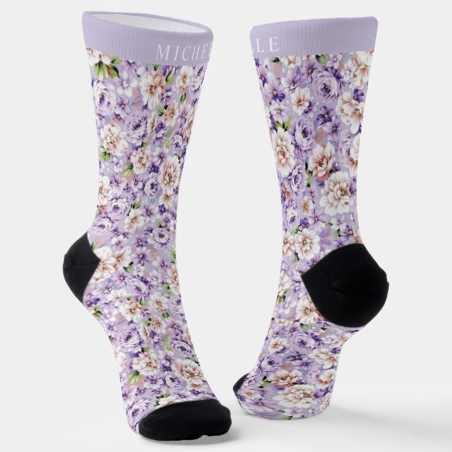 Custom Blue Purple Floral White Flowers Socks (Angled)