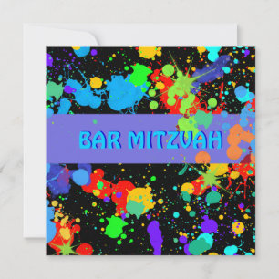 Custom, Blue, Purple Paint Splatter, Bar Mitzvah Invitation