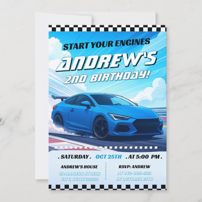 Custom Blue Race Car birthday party Invitation (Front)