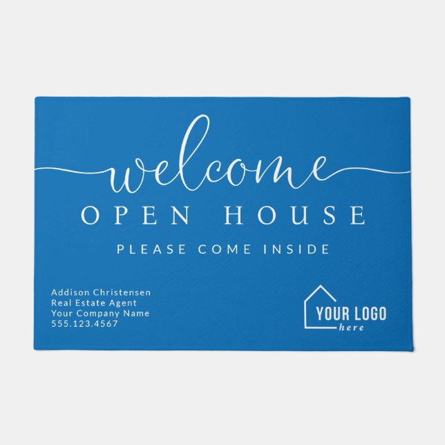 Custom Blue Real Estate Welcome Open House  Doormat (Front)