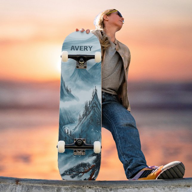 Custom Blue Rolling Mountains Landscape Nature Skateboard (Creator Uploaded)