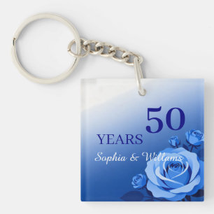 Custom Blue Rose Anniversary Years & Names Floral Key Ring