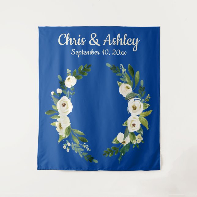 Custom Blue Rustic Greenery Prop Wedding Backdrop Tapestry (Front)