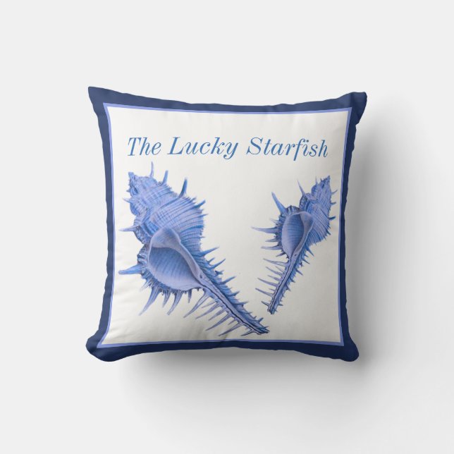 Custom Blue  Shells Nautical Seashell Watercolor Cushion (Front)