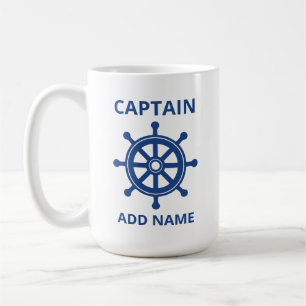 Custom Blue Ship Wheel Captain Add Name Coffee Mug