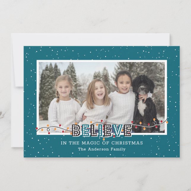 Custom Blue Snow Believe In the Magic Photo Holiday Card (Front)