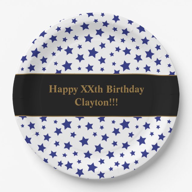 Custom Blue Stars With Message Birthday Party Paper Plate (Front)