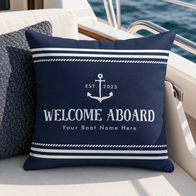 Custom Blue Striped Boat Nautical Welcome Aboard  Cushion (Creator Uploaded)