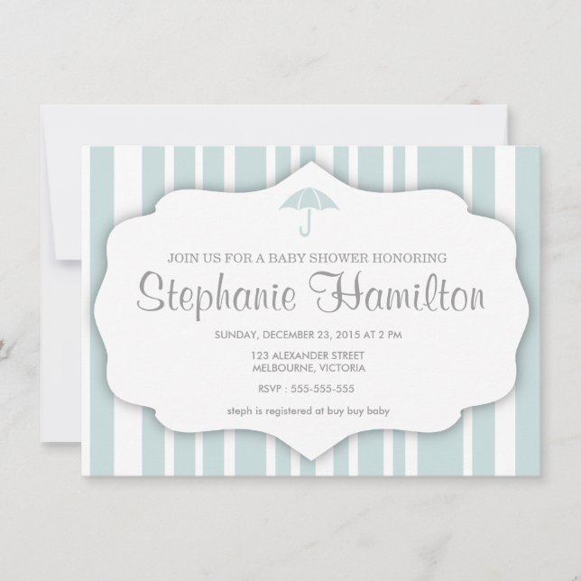 Custom blue stripes umbrella baby shower invitation (Front)