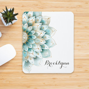 Custom Blue Teal Gold Floral Mandala Mousepad