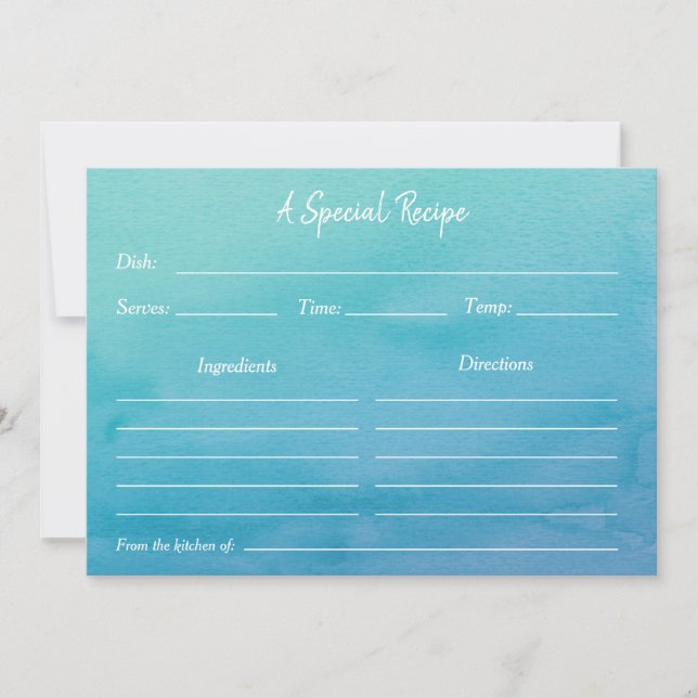 Custom Blue/Teal Ombre Watercolor Recipe Card (Front)