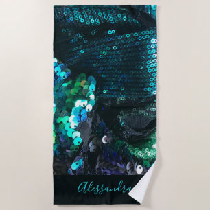 Custom Blue Teal Sequins Look Glamourous Fun Beach Towel