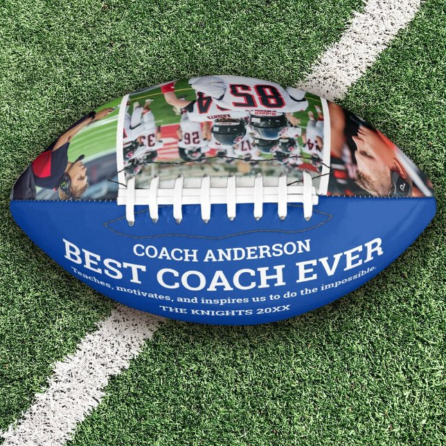 Custom Blue Team Best Coach Ever Photo Collage American Football (Personalize this football as a keepsake gift for your favorite coach.)