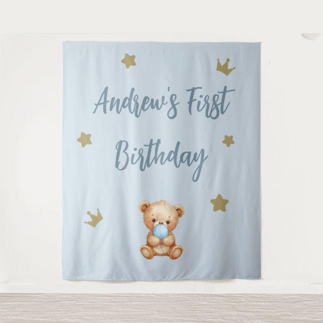 Custom Blue Teddy Bear Birthday Backdrop Tapestry (Front)