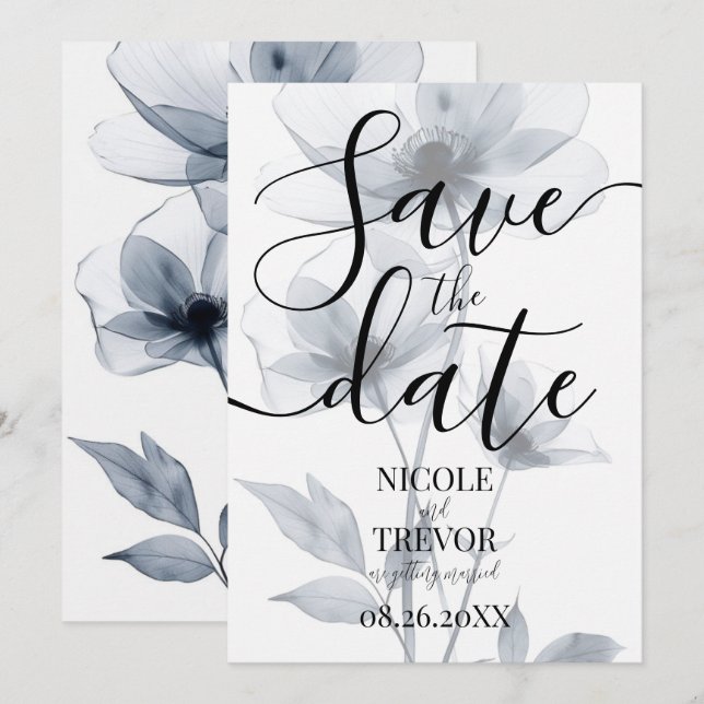Custom Blue Translucent Flowers Wedding Save The Date (Front/Back)