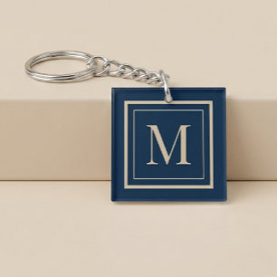 Custom Blue & Vanilla Framed Monogram Key Ring