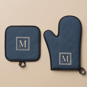 Custom Blue & Vanilla Framed Monogram Oven Mitt & Pot Holder Set