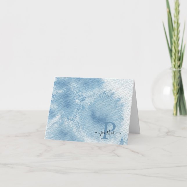 Custom Blue Watercolor Initial Name Monogram Thank You Card (Front)