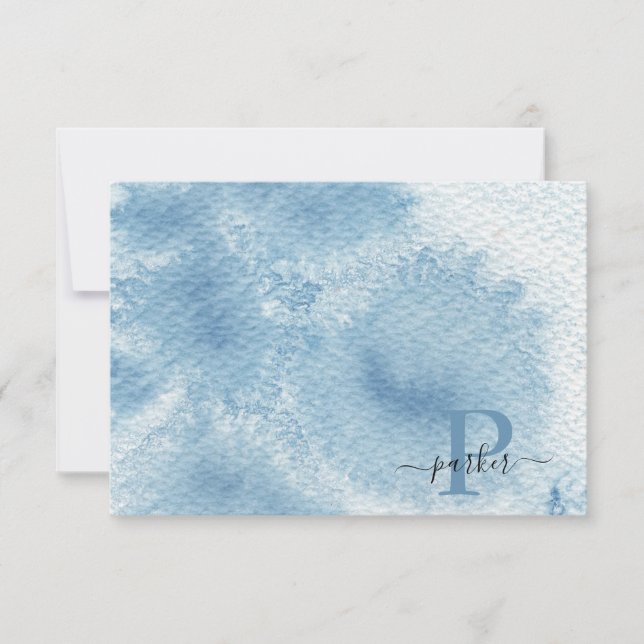 Custom Blue Watercolor Initial Name Monogram Thank You Card (Front)