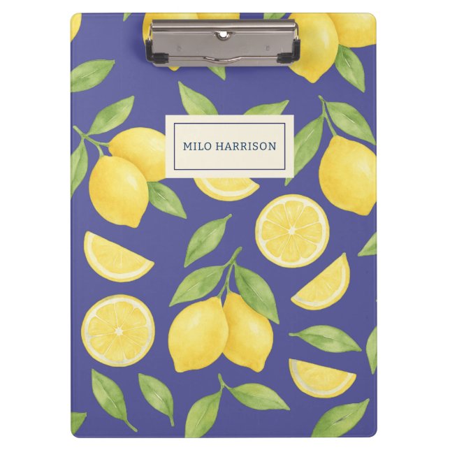 Custom Blue Watercolor Lemon Pattern  Clipboard (Front)