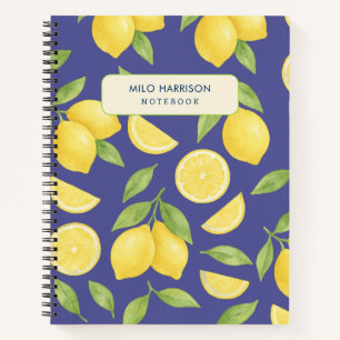 Custom Blue Watercolor Lemon Pattern  Notebook