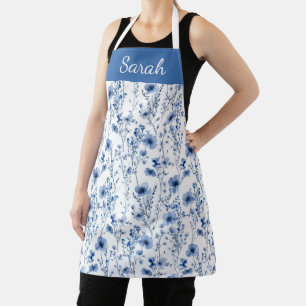 Custom Blue Watercolor Wildflower Floral Name Apron