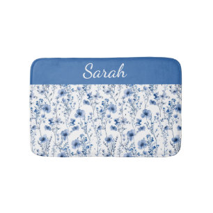 Custom Blue Watercolor Wildflower Floral Name Bath Mat