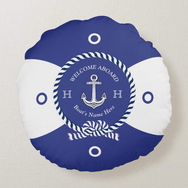Custom Blue White Anchor Life Ring Nautical Round  Cushion (Back)