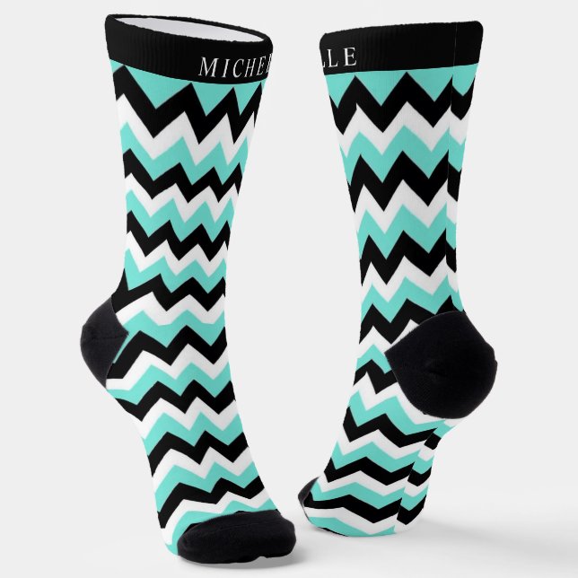 Custom Blue White Black Chevron Pattern Socks (Angled)